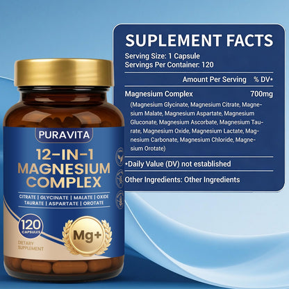 Puravita Magnesium Complex - Puravita 12 in 1 Magnesium Supplement with Glycinate, Citrate, Malate, Oxide, Taurat & More for Muscle, Nerve & Sleep Support, 120 Count - dailyvitalstore