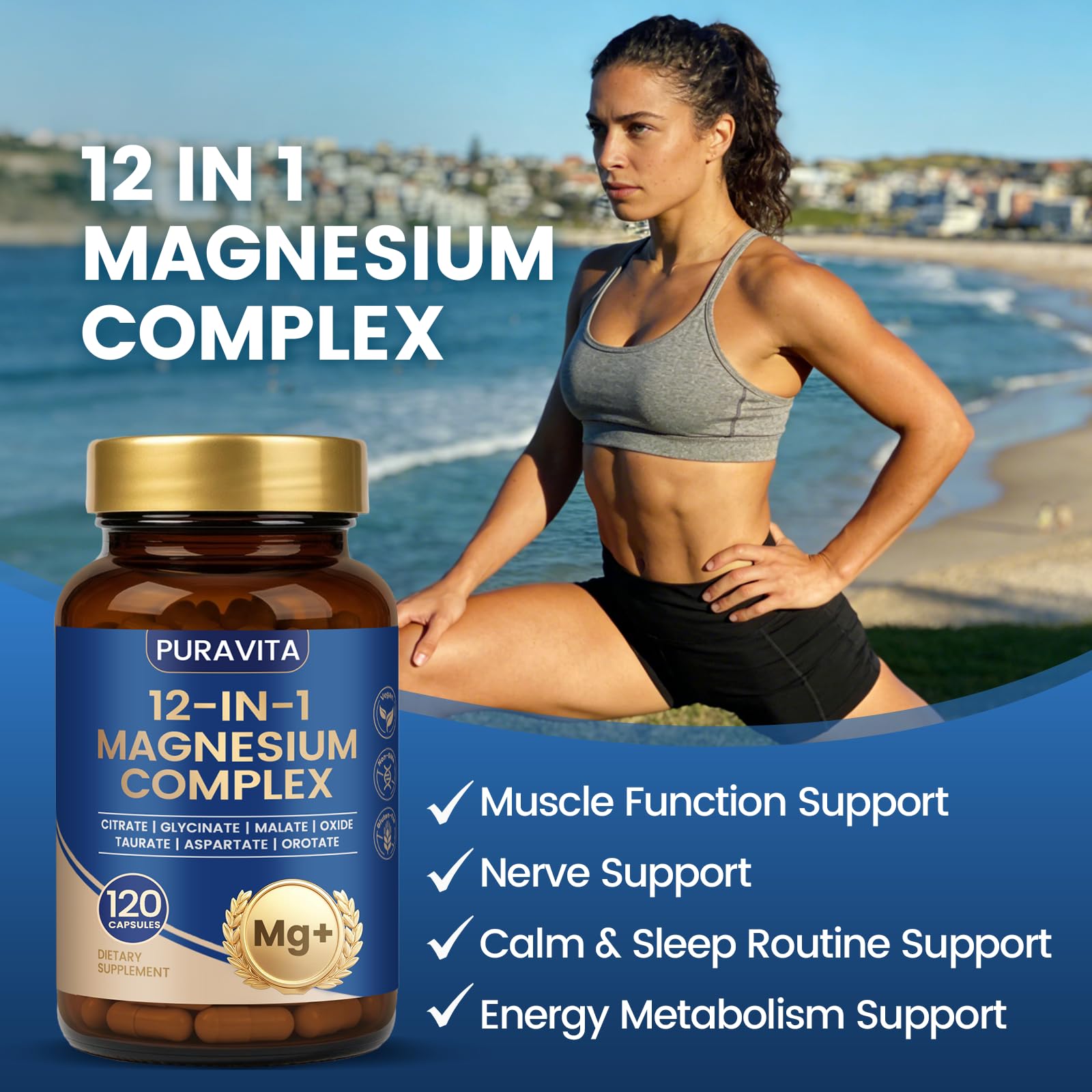 Puravita Magnesium Complex - Puravita 12 in 1 Magnesium Supplement with Glycinate, Citrate, Malate, Oxide, Taurat & More for Muscle, Nerve & Sleep Support, 120 Count - dailyvitalstore