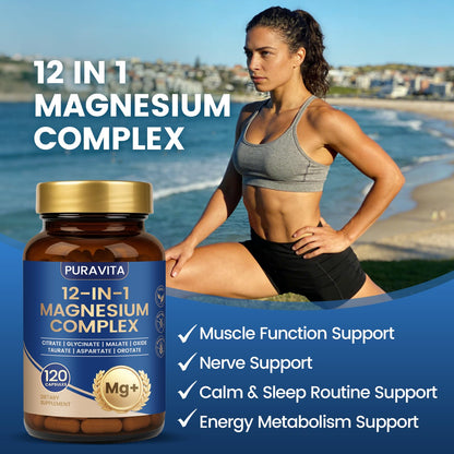 Puravita Magnesium Complex - Puravita 12 in 1 Magnesium Supplement with Glycinate, Citrate, Malate, Oxide, Taurat & More for Muscle, Nerve & Sleep Support, 120 Count - dailyvitalstore