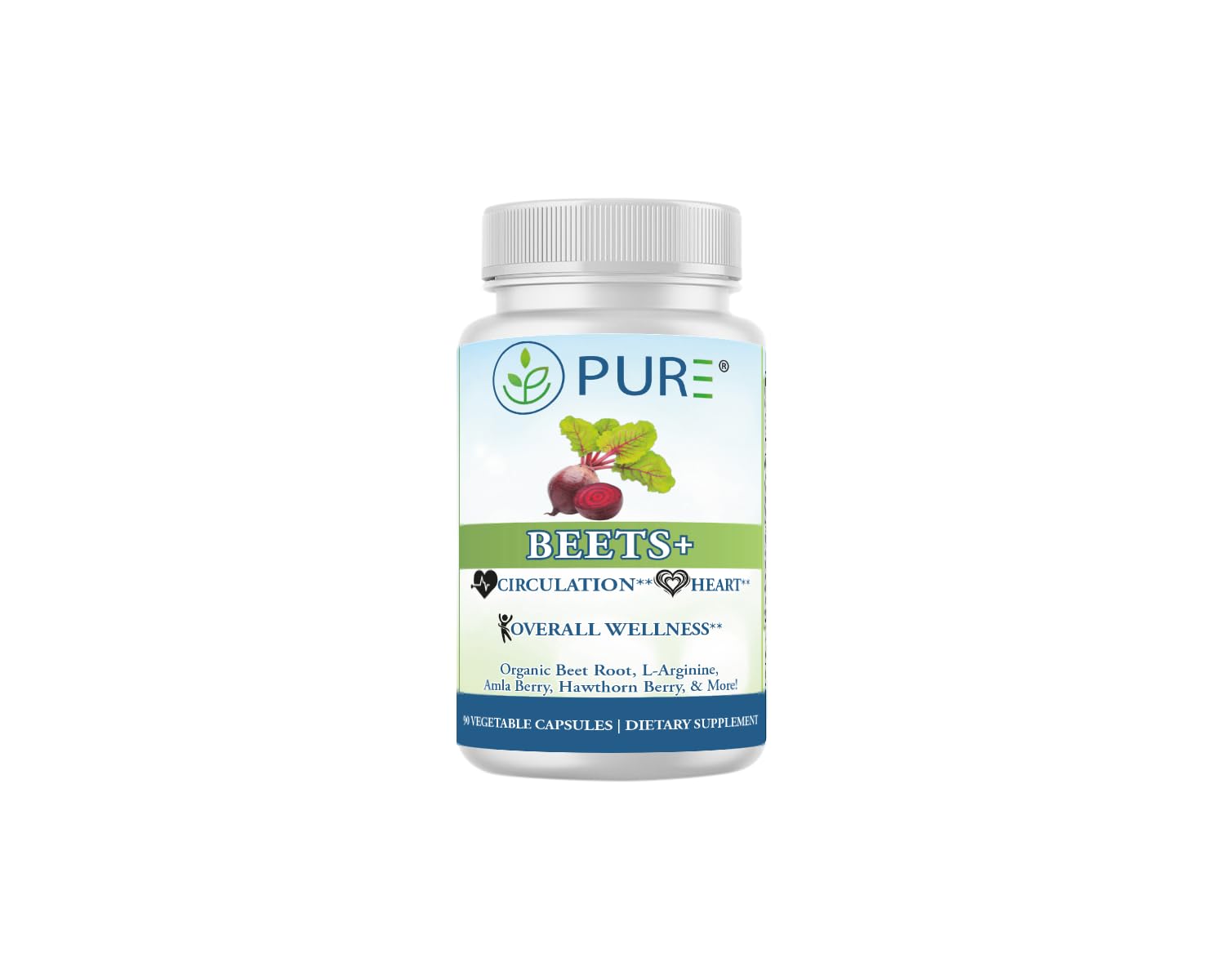 PURE® Beets+ Organic Beet Root Capsules - 900mg - 90 Count, 30 Servings - Blood Pressure & Circulation Support Supplement - with L-Arginine, Hawthorn Berry & B12 - Cardiovascular Health - Made in USA - dailyvitalstore