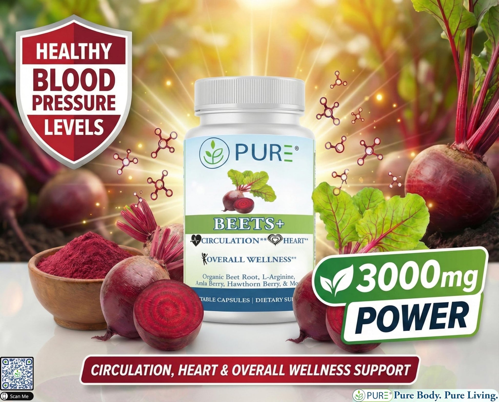 PURE® Beets+ Organic Beet Root Capsules - 900mg - 90 Count, 30 Servings - Blood Pressure & Circulation Support Supplement - with L-Arginine, Hawthorn Berry & B12 - Cardiovascular Health - Made in USA - dailyvitalstore