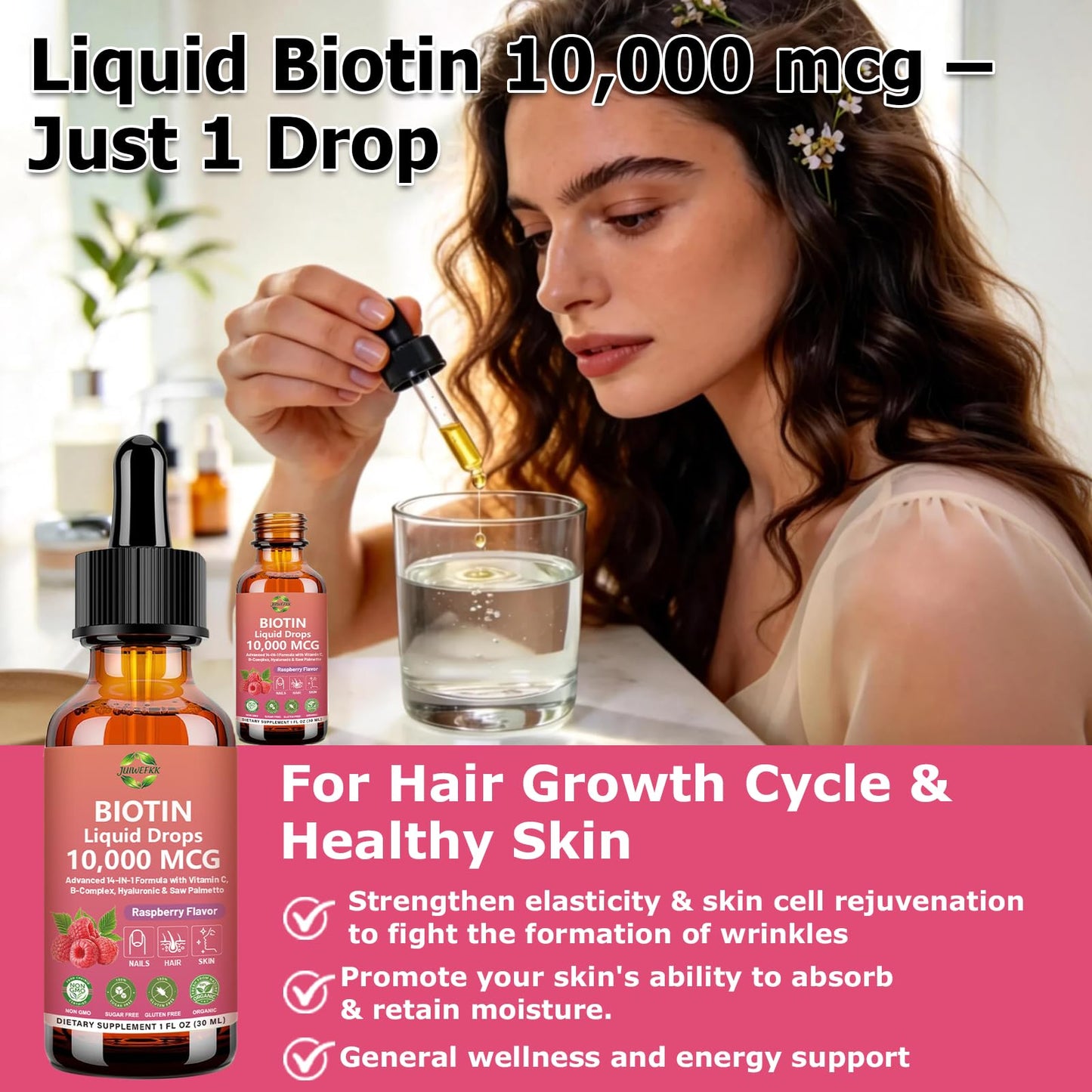 Pure Biotin 10000mcg Liquid Drop Optimal Solutions Hair Skin & Nails Vitamins Support w. Collagen Keratin Hyaluronic Acid Saw Palmetto, Biotin(Vitamin B7) for Hair Growth & Cellular Energy - dailyvitalstore