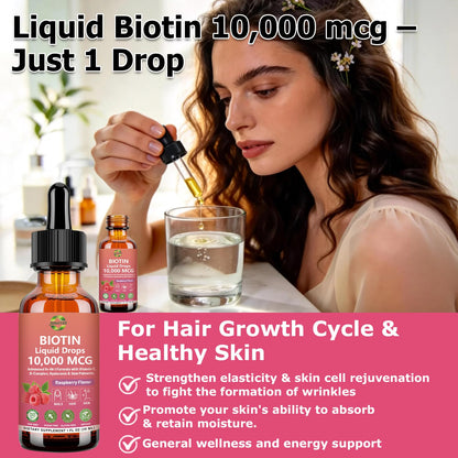 Pure Biotin 10000mcg Liquid Drop Optimal Solutions Hair Skin & Nails Vitamins Support w. Collagen Keratin Hyaluronic Acid Saw Palmetto, Biotin(Vitamin B7) for Hair Growth & Cellular Energy - dailyvitalstore