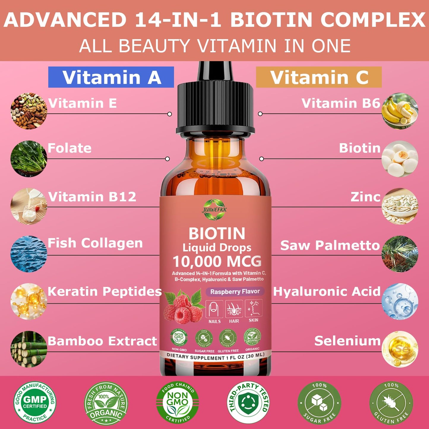 Pure Biotin 10000mcg Liquid Drop Optimal Solutions Hair Skin & Nails Vitamins Support w. Collagen Keratin Hyaluronic Acid Saw Palmetto, Biotin(Vitamin B7) for Hair Growth & Cellular Energy - dailyvitalstore
