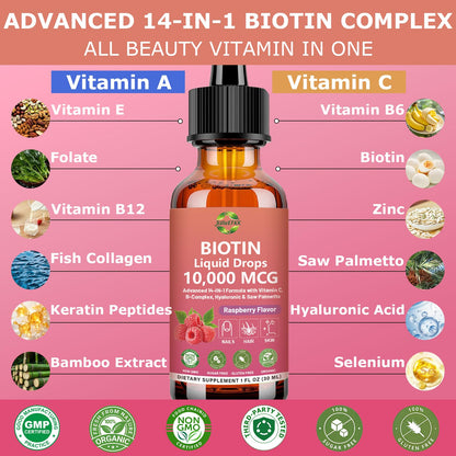 Pure Biotin 10000mcg Liquid Drop Optimal Solutions Hair Skin & Nails Vitamins Support w. Collagen Keratin Hyaluronic Acid Saw Palmetto, Biotin(Vitamin B7) for Hair Growth & Cellular Energy - dailyvitalstore