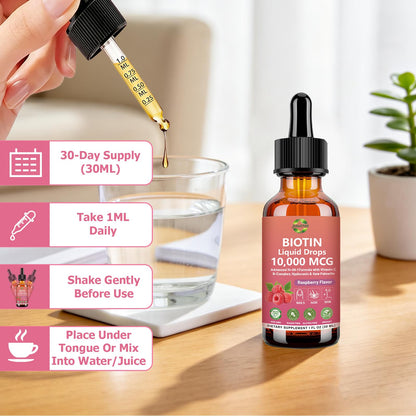 Pure Biotin 10000mcg Liquid Drop Optimal Solutions Hair Skin & Nails Vitamins Support w. Collagen Keratin Hyaluronic Acid Saw Palmetto, Biotin(Vitamin B7) for Hair Growth & Cellular Energy - dailyvitalstore