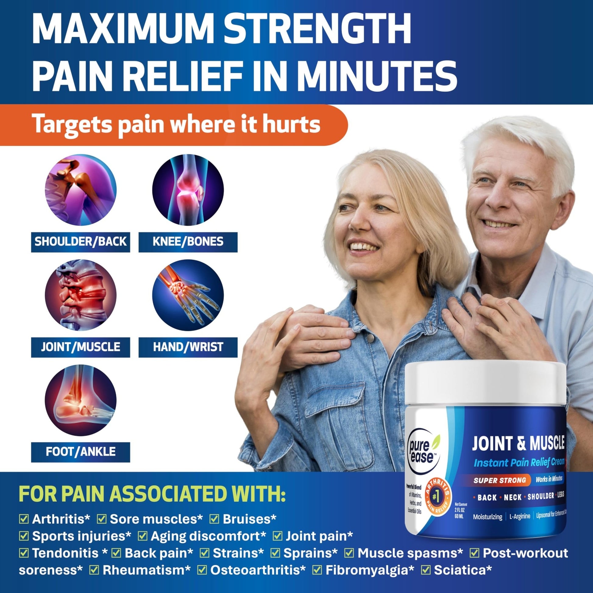 Pure Ease Arthritis Pain Relief Cream for Back 3 in 1 Maximum Instant Relief 2 OZ - Fast-Acting Muscle Pain Cream Extra Strength Joint & Knee - Powerful Formula for Neck Shoulder & Lower Back - dailyvitalstore