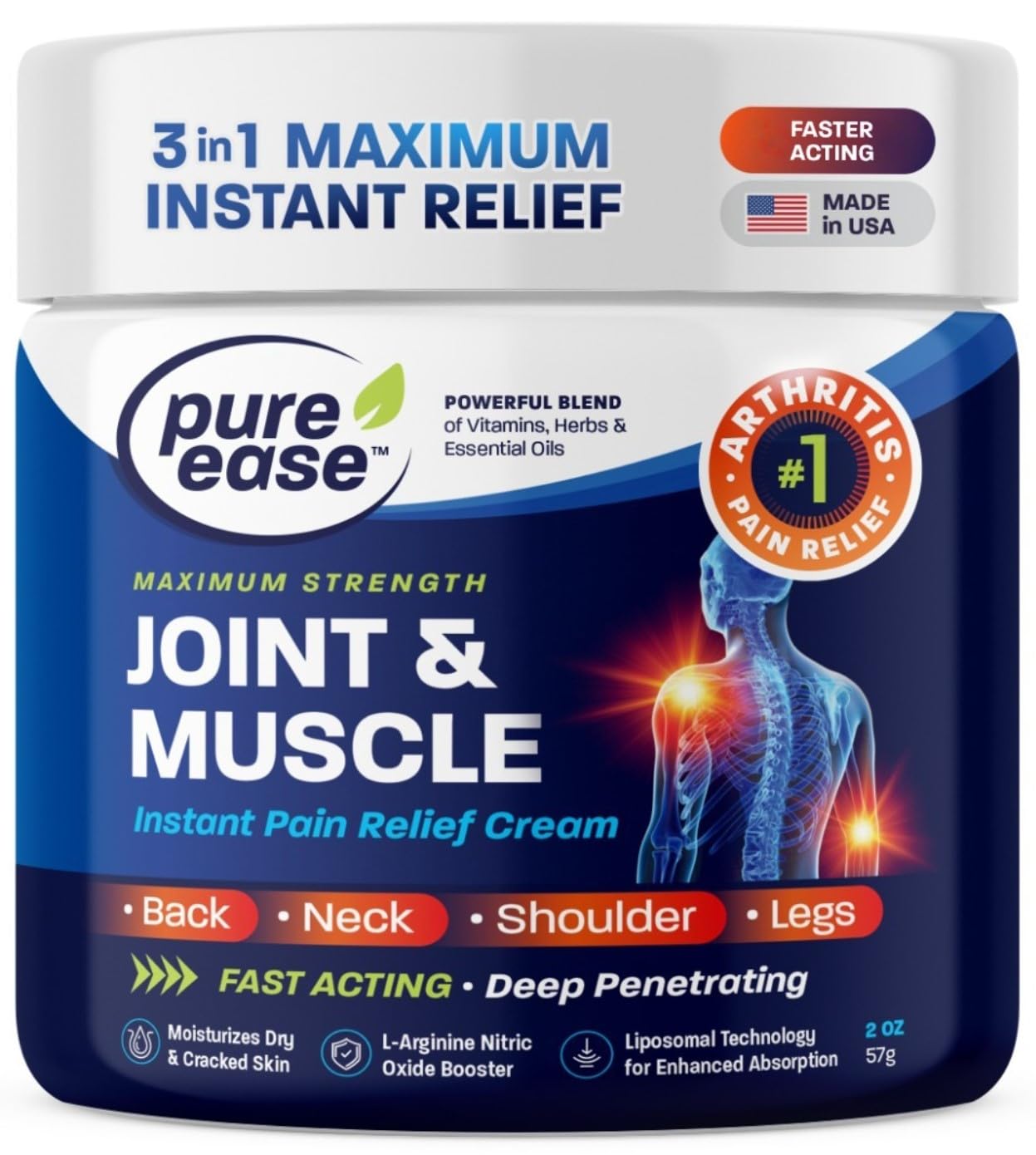 Pure Ease Arthritis Pain Relief Cream for Back 3 in 1 Maximum Instant Relief 2 OZ - Fast-Acting Muscle Pain Cream Extra Strength Joint & Knee - Powerful Formula for Neck Shoulder & Lower Back - dailyvitalstore