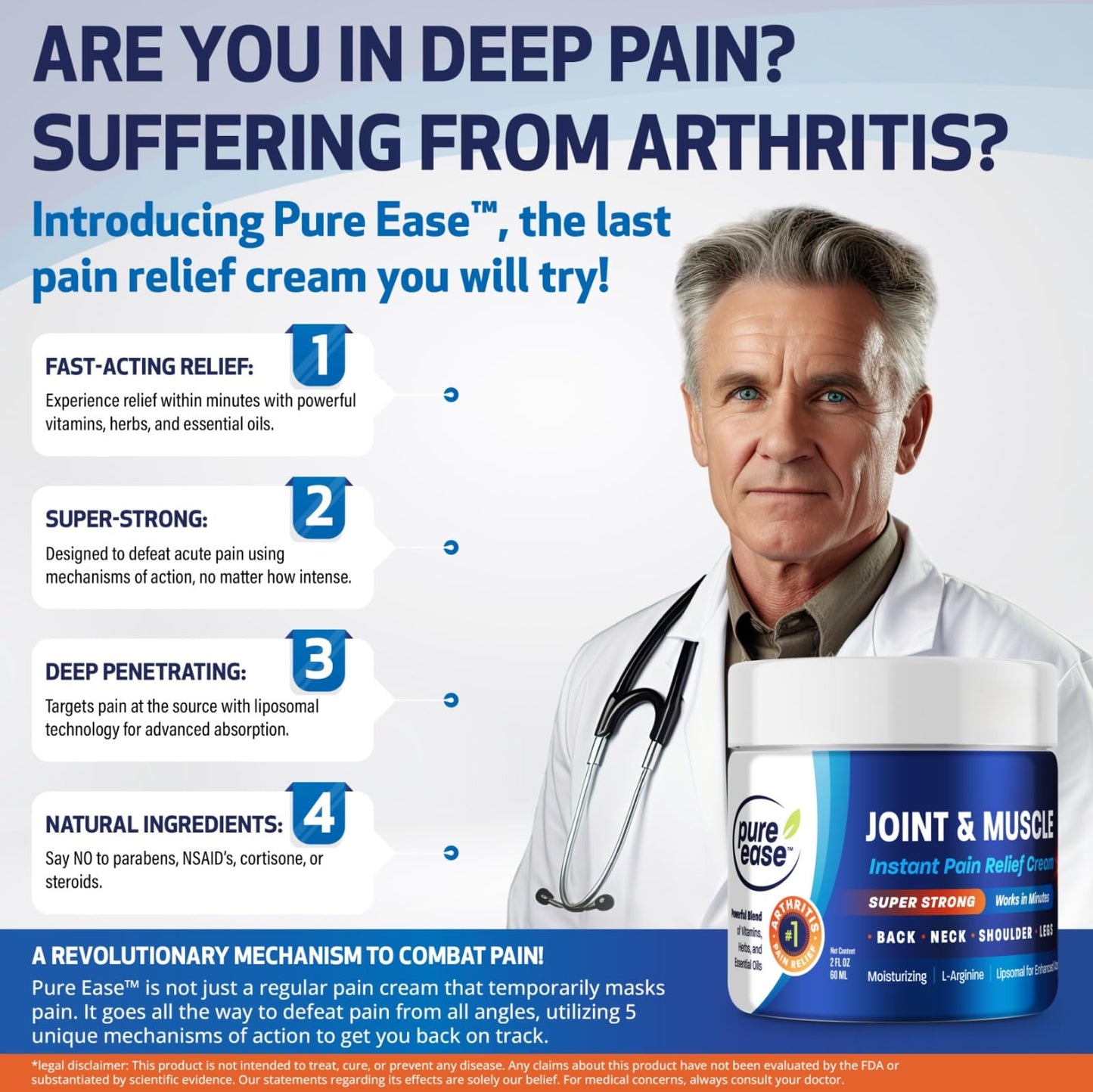 Pure Ease Arthritis Pain Relief Cream for Back 3 in 1 Maximum Instant Relief 2 OZ - Fast-Acting Muscle Pain Cream Extra Strength Joint & Knee - Powerful Formula for Neck Shoulder & Lower Back - dailyvitalstore