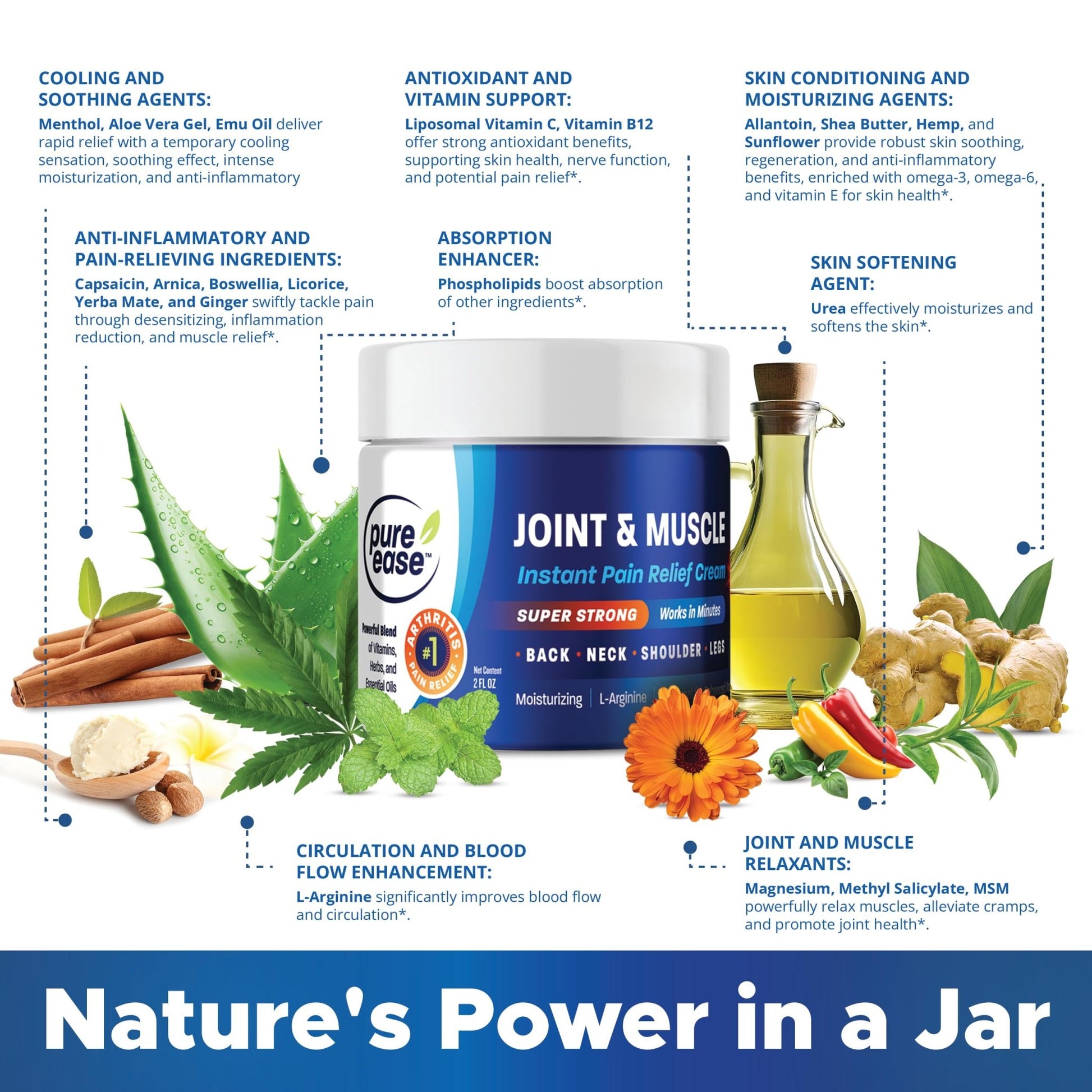 Pure Ease Arthritis Pain Relief Cream for Back 3 in 1 Maximum Instant Relief 2 OZ - Fast-Acting Muscle Pain Cream Extra Strength Joint & Knee - Powerful Formula for Neck Shoulder & Lower Back - dailyvitalstore