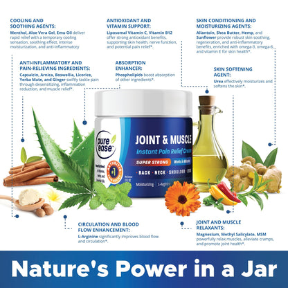 Pure Ease Arthritis Pain Relief Cream for Back 3 in 1 Maximum Instant Relief 2 OZ - Fast-Acting Muscle Pain Cream Extra Strength Joint & Knee - Powerful Formula for Neck Shoulder & Lower Back - dailyvitalstore