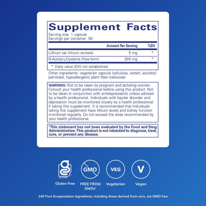 Pure Encapsulations Lithium Orotate 5 mg - Brain Support Supplement - with N-Acetyl-L-Cysteine (NAC) for Memory & Brain Behavior* - Gluten Free & Non-GMO - 90 Capsules - dailyvitalstore