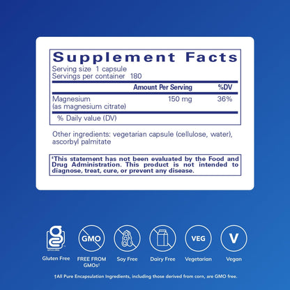 Pure Encapsulations Magnesium (Citrate) - Supplement for Sleep, Heart Health, Cognitive Health, Bone Health, Energy, Muscles, and Metabolism* - with Premium Magnesium - 180 Capsules - dailyvitalstore