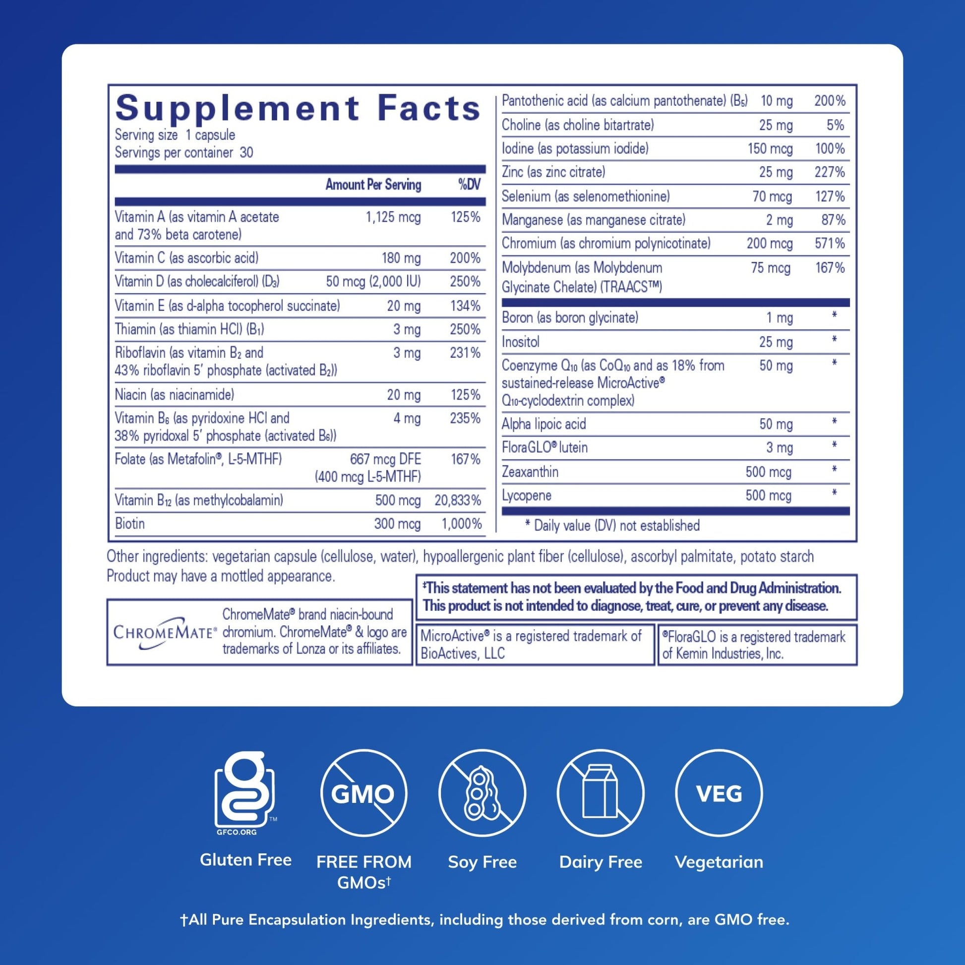Pure Encapsulations O.N.E. Multivitamin - Once Daily Multivitamin with Antioxidant Complex Metafolin, CoQ10, and Lutein to Support Vision, Cognitive Function, and Cellular Health* - 30 Capsules - dailyvitalstore