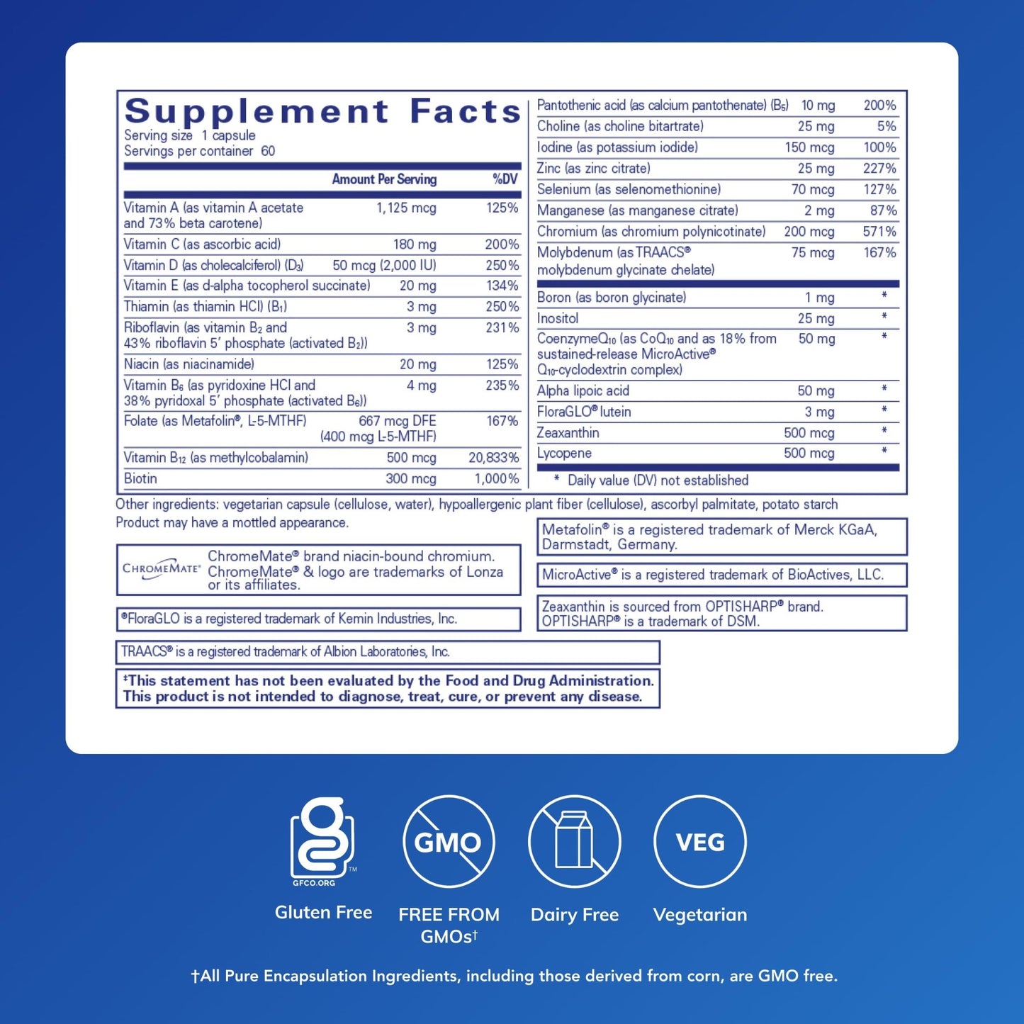 Pure Encapsulations O.N.E. Multivitamin - Once Daily Multivitamin with Antioxidant Complex Metafolin, CoQ10, and Lutein to Support Vision, Cognitive Function, and Cellular Health* - 60 Capsules - dailyvitalstore