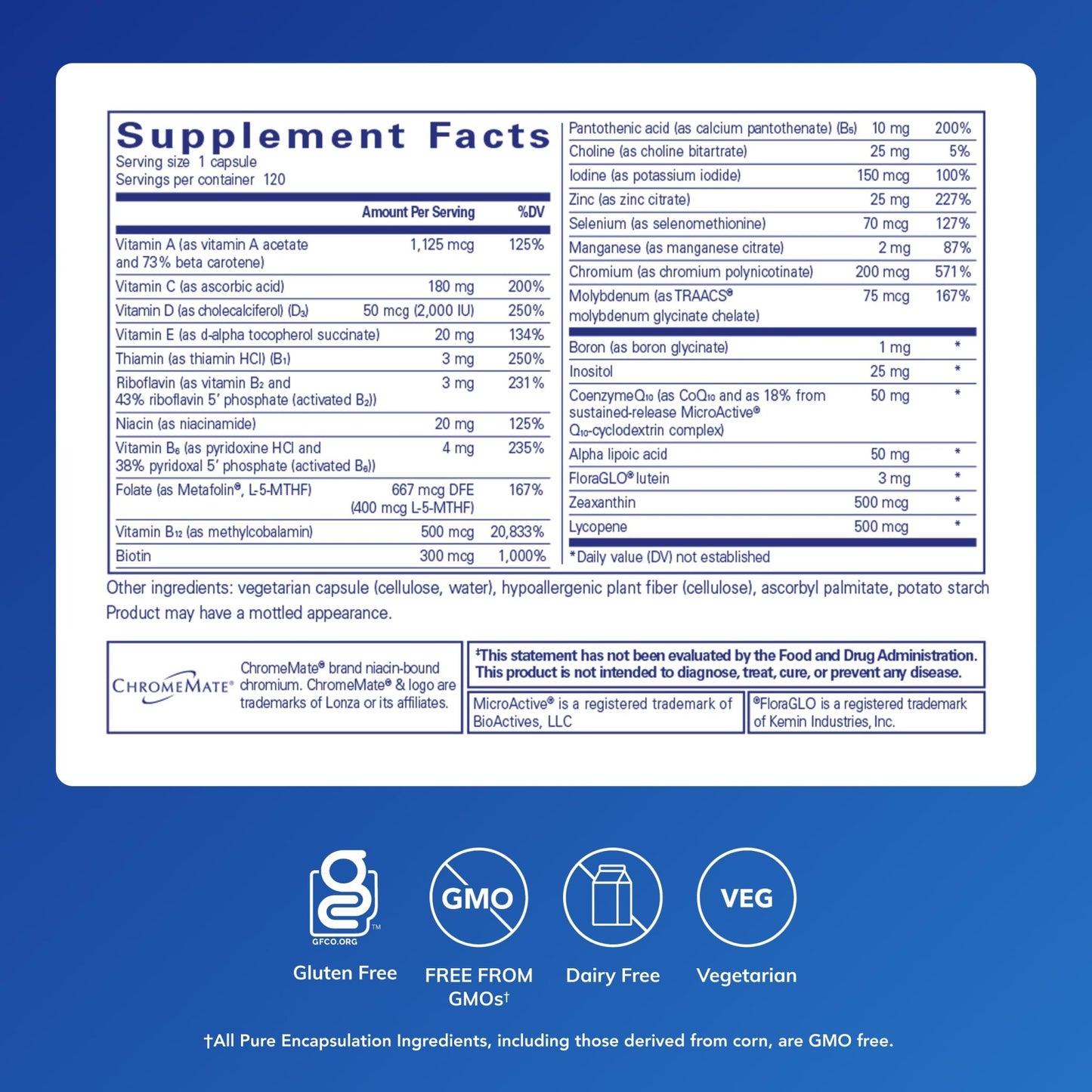 Pure Encapsulations O.N.E. Multivitamin - Once Daily Multivitamin with Antioxidant Complex Metafolin, CoQ10, and Lutein to Support Vision, Cognitive Function, and Cellular Health* - 120 Capsules - dailyvitalstore