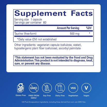 Pure Encapsulations Taurine 500 mg | Amino Acid Supplement for Liver, Eye Health, Antioxidants, Heart, Brain, and Muscles* | 60 Capsules - dailyvitalstore