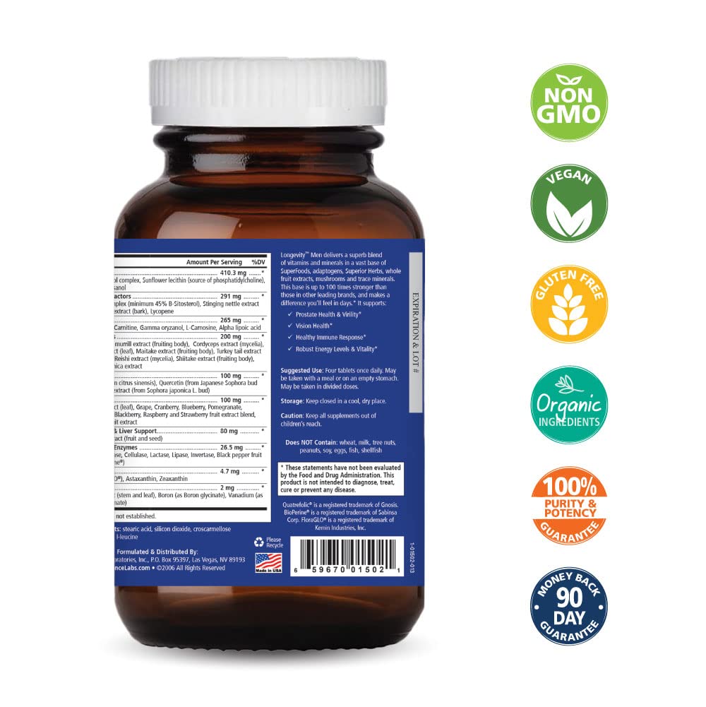 PURE ESSENCE LABS Longevity Multivitamin for Men Over 40 - Super Energetic with Superfoods, Minerals, Enzymes, Vitamin D3, B12, Biotin - 120 Tablets - dailyvitalstore
