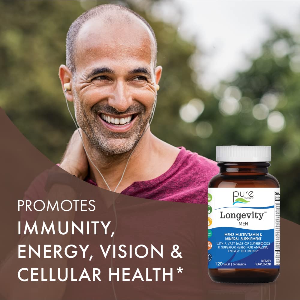 PURE ESSENCE LABS Longevity Multivitamin for Men Over 40 - Super Energetic with Superfoods, Minerals, Enzymes, Vitamin D3, B12, Biotin - 120 Tablets - dailyvitalstore