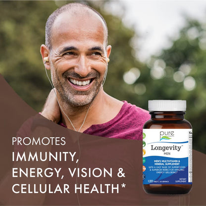 PURE ESSENCE LABS Longevity Multivitamin for Men Over 40 - Super Energetic with Superfoods, Minerals, Enzymes, Vitamin D3, B12, Biotin - 120 Tablets - dailyvitalstore
