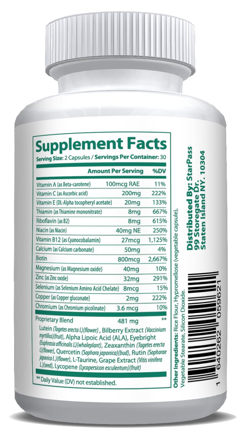 Pure Eye Health Vitamin & Mineral Supplements for Adults | 1 Complete Research Vision Formula w/Bilberry, Lutein, Zeaxanthin, Lycopene, Resveratrol | Supports Eye Strain, Dry Eyes 60 Capsules - dailyvitalstore