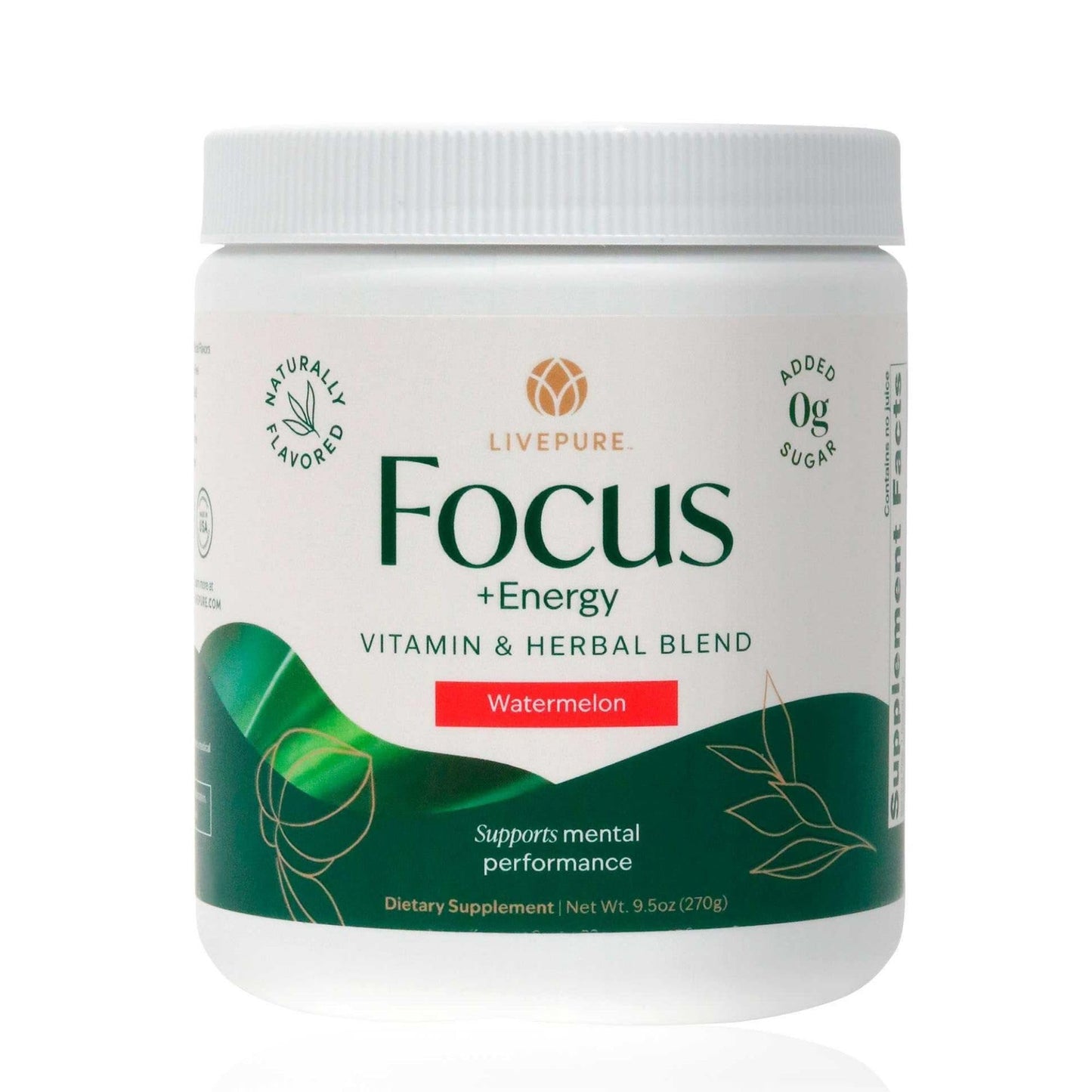 PURE Focus + Energy Tub Drink Mix | Natural Caffeine & Antioxidants from Botanicals | Supports Alertness, Clarity & Energy | Zero Sugar, No Artificial Sweeteners | 9.5 oz | Watermelon Flavor - dailyvitalstore