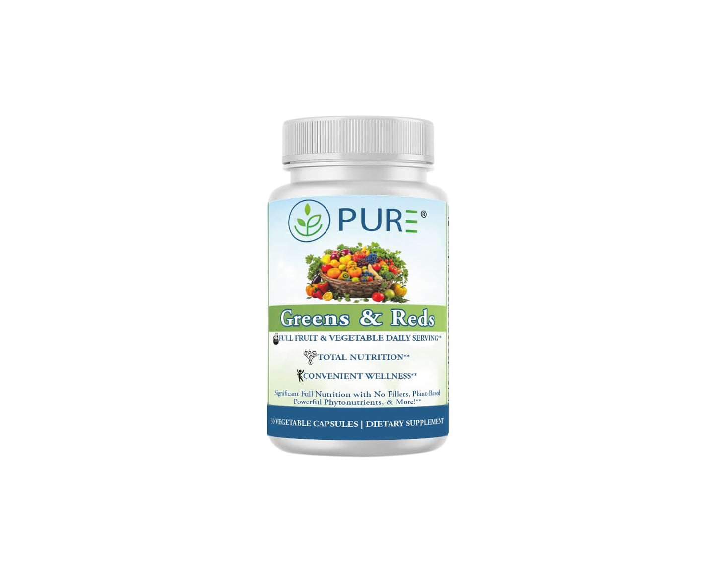 PURE® Greens & Reds Capsules - 30 Servings - 9 Daily Servings of Fruits & Vegetables in 1 Capsule - PhytoServ® Superfood Blend with Broccoli, Kale & Berries - Plant-Based Phytonutrient Shield - dailyvitalstore