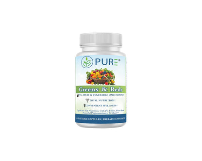 PURE® Greens & Reds Capsules - 30 Servings - 9 Daily Servings of Fruits & Vegetables in 1 Capsule - PhytoServ® Superfood Blend with Broccoli, Kale & Berries - Plant-Based Phytonutrient Shield - dailyvitalstore