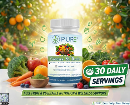 PURE® Greens & Reds Capsules - 30 Servings - 9 Daily Servings of Fruits & Vegetables in 1 Capsule - PhytoServ® Superfood Blend with Broccoli, Kale & Berries - Plant-Based Phytonutrient Shield - dailyvitalstore