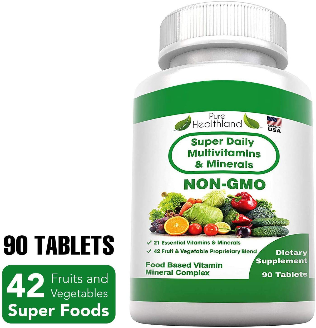 Pure Heathland Non-GMO Super Daily Multivitamin for Adults – 42 Natural Fruits & Vegetables Blend with 21 Essential Vitamins & Minerals – Vegan Coating Tablets, 90 Count, Made in USA - dailyvitalstore