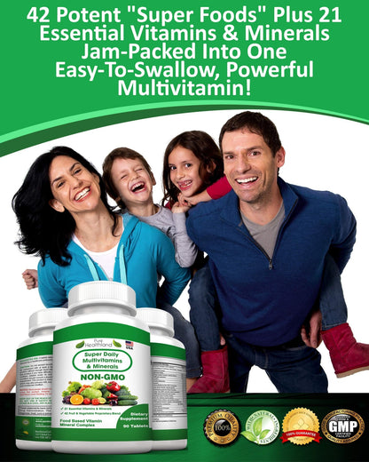 Pure Heathland Non-GMO Super Daily Multivitamin for Adults – 42 Natural Fruits & Vegetables Blend with 21 Essential Vitamins & Minerals – Vegan Coating Tablets, 90 Count, Made in USA - dailyvitalstore