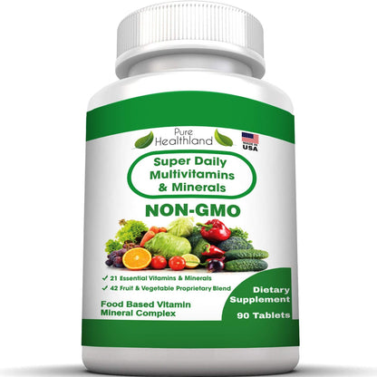Pure Heathland Non-GMO Super Daily Multivitamin for Adults – 42 Natural Fruits & Vegetables Blend with 21 Essential Vitamins & Minerals – Vegan Coating Tablets, 90 Count, Made in USA - dailyvitalstore