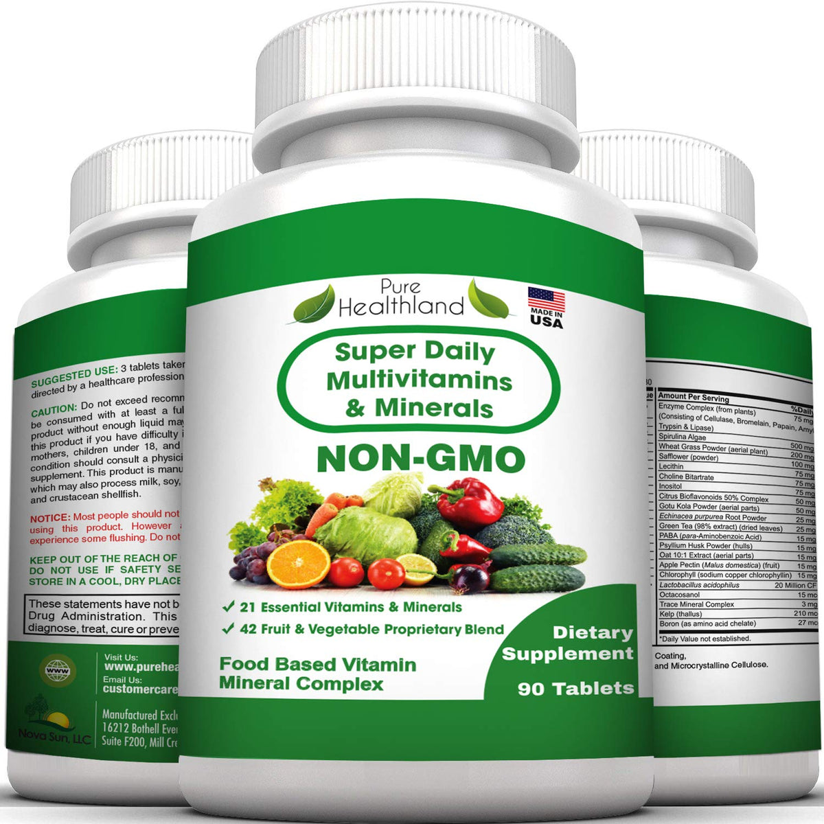Pure Heathland Non-GMO Super Daily Multivitamin for Adults – 42 Natural Fruits & Vegetables Blend with 21 Essential Vitamins & Minerals – Vegan Coating Tablets, 90 Count, Made in USA - dailyvitalstore