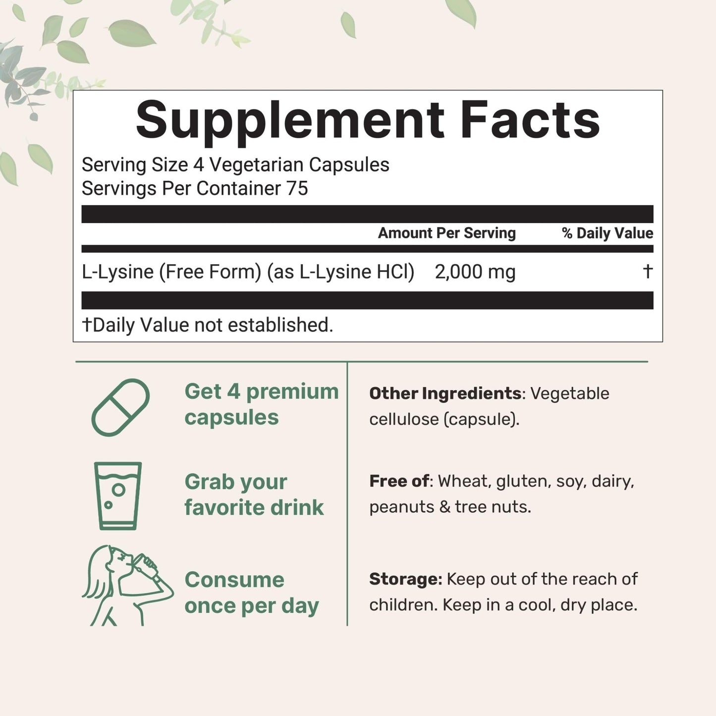 Pure L-Lysine 2,000mg, 300 Veggie Capsules | Maximum Potency, Easily Absorbed, Free Form | Essential Amino Acid for Collagen, Lip, & Immune Support - dailyvitalstore