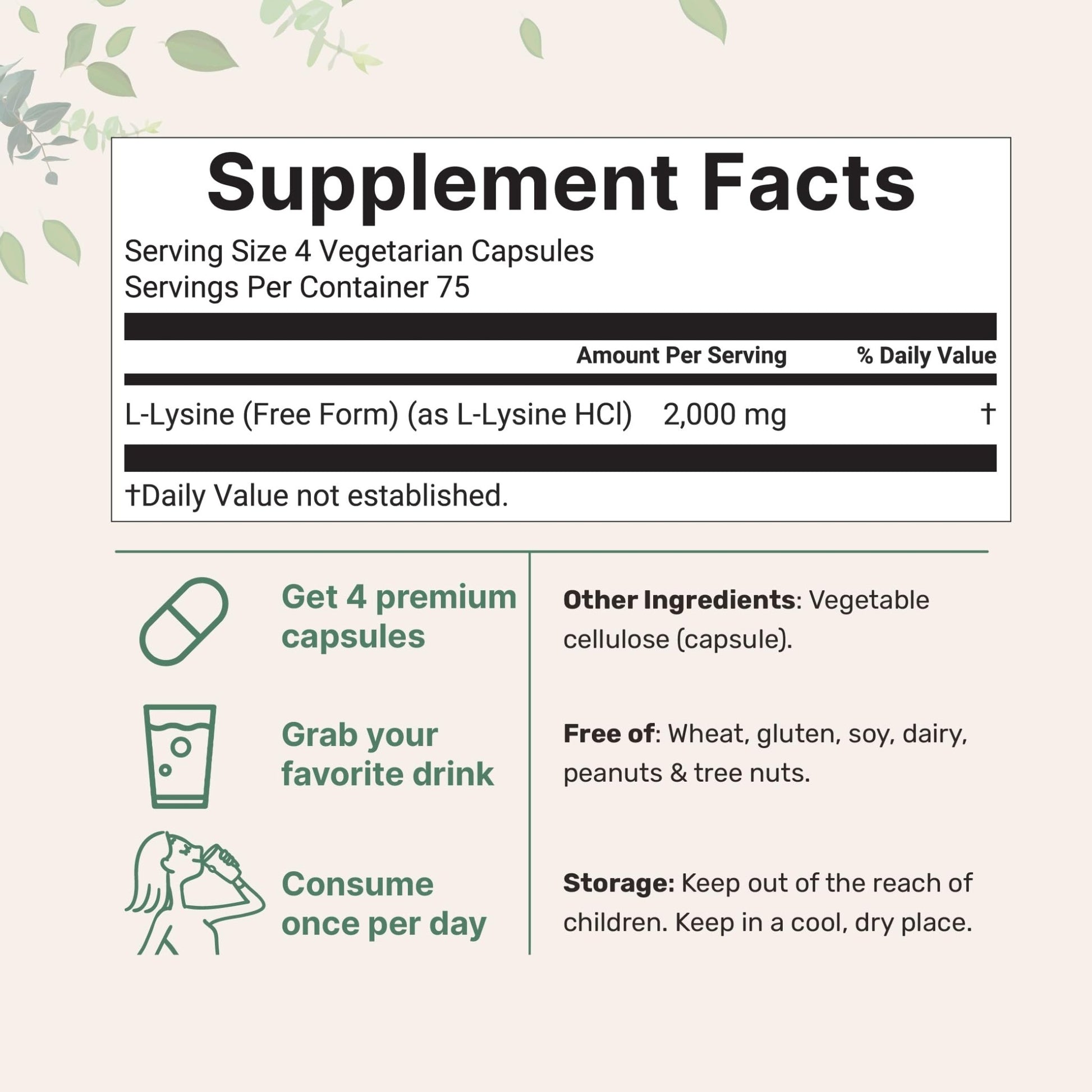 Pure L-Lysine 2,000mg, 300 Veggie Capsules | Maximum Potency, Easily Absorbed, Free Form | Essential Amino Acid for Collagen, Lip, & Immune Support - dailyvitalstore