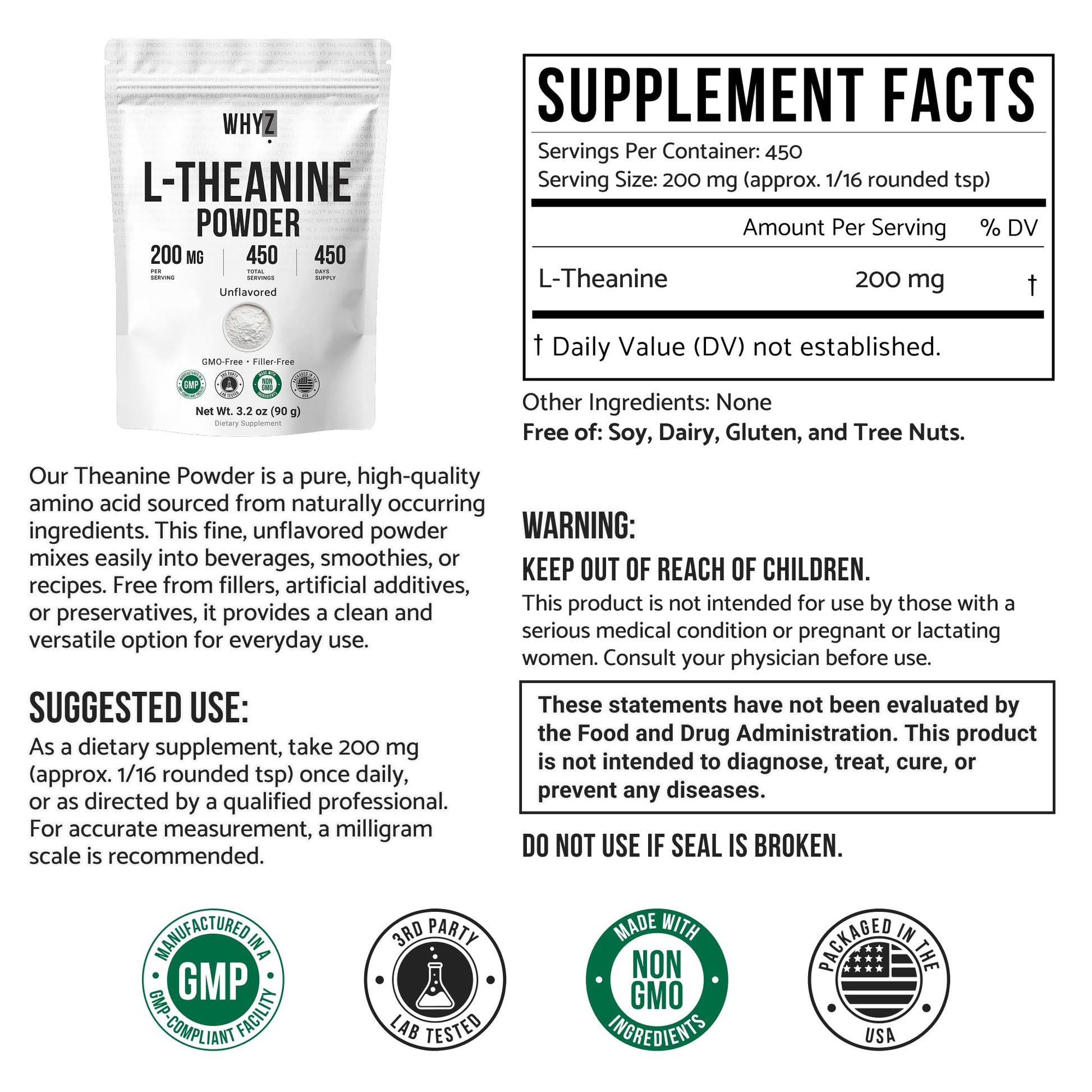 Pure L-Theanine Powder Unflavored Amino Acid Supplement Powder from Fine L-Theanine for Smooth Mixing Vegan Friendly Non-GMO No-Additives for Smoothies Drinks and Daily Nutrition Support, 3.2 oz (90g) - dailyvitalstore