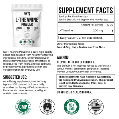 Pure L-Theanine Powder Unflavored Amino Acid Supplement Powder from Fine L-Theanine for Smooth Mixing Vegan Friendly Non-GMO No-Additives for Smoothies Drinks and Daily Nutrition Support, 3.2 oz (90g) - dailyvitalstore