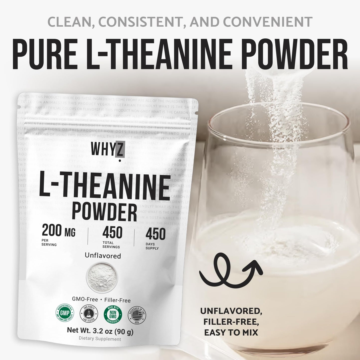 Pure L-Theanine Powder Unflavored Amino Acid Supplement Powder from Fine L-Theanine for Smooth Mixing Vegan Friendly Non-GMO No-Additives for Smoothies Drinks and Daily Nutrition Support, 3.2 oz (90g) - dailyvitalstore