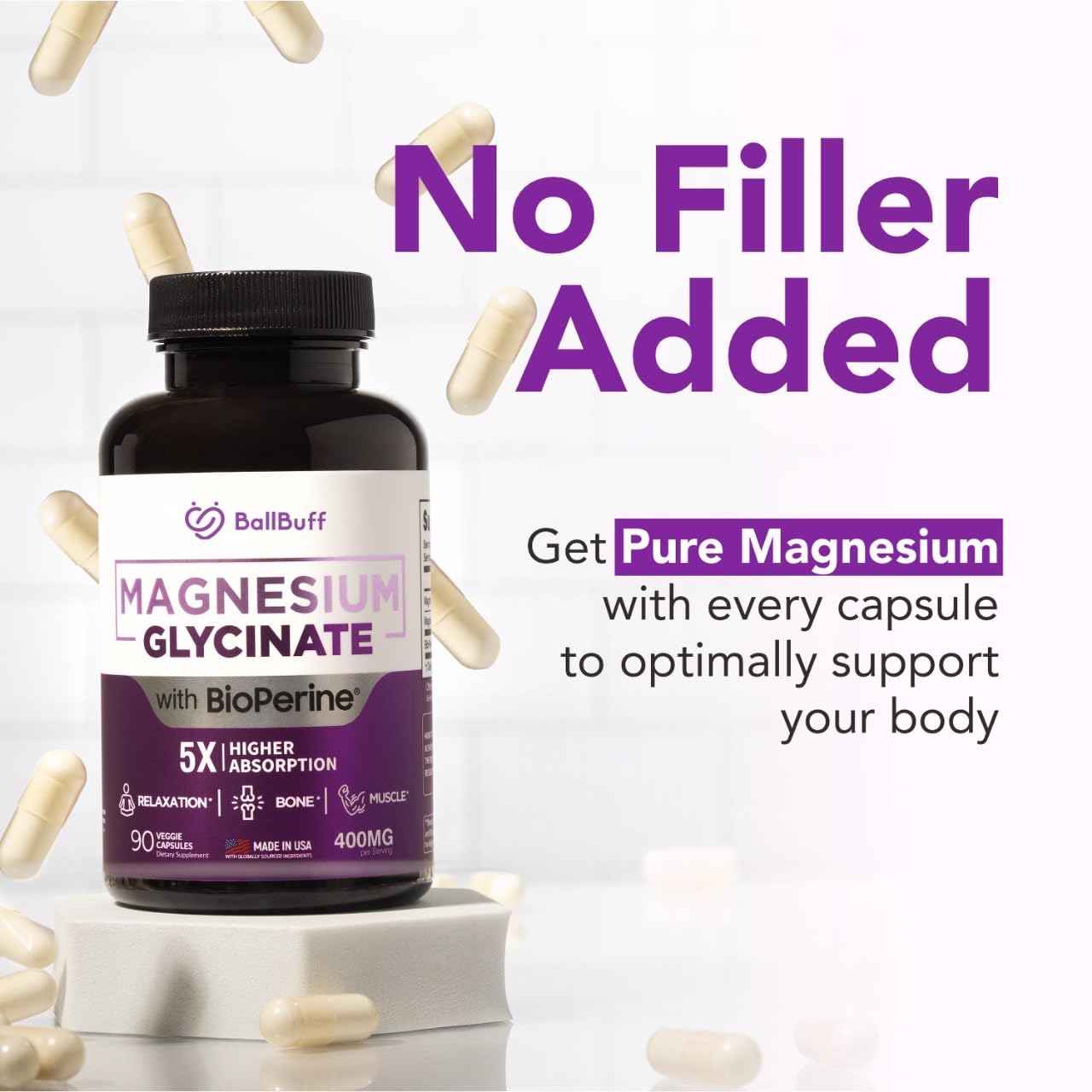 Pure Magnesium Glycinate 400mg - 5X Higher Absorption - Support Stress Relief, Sleep, Bone Health - 100% Chelated - Pure Magnesium Supplement - dailyvitalstore