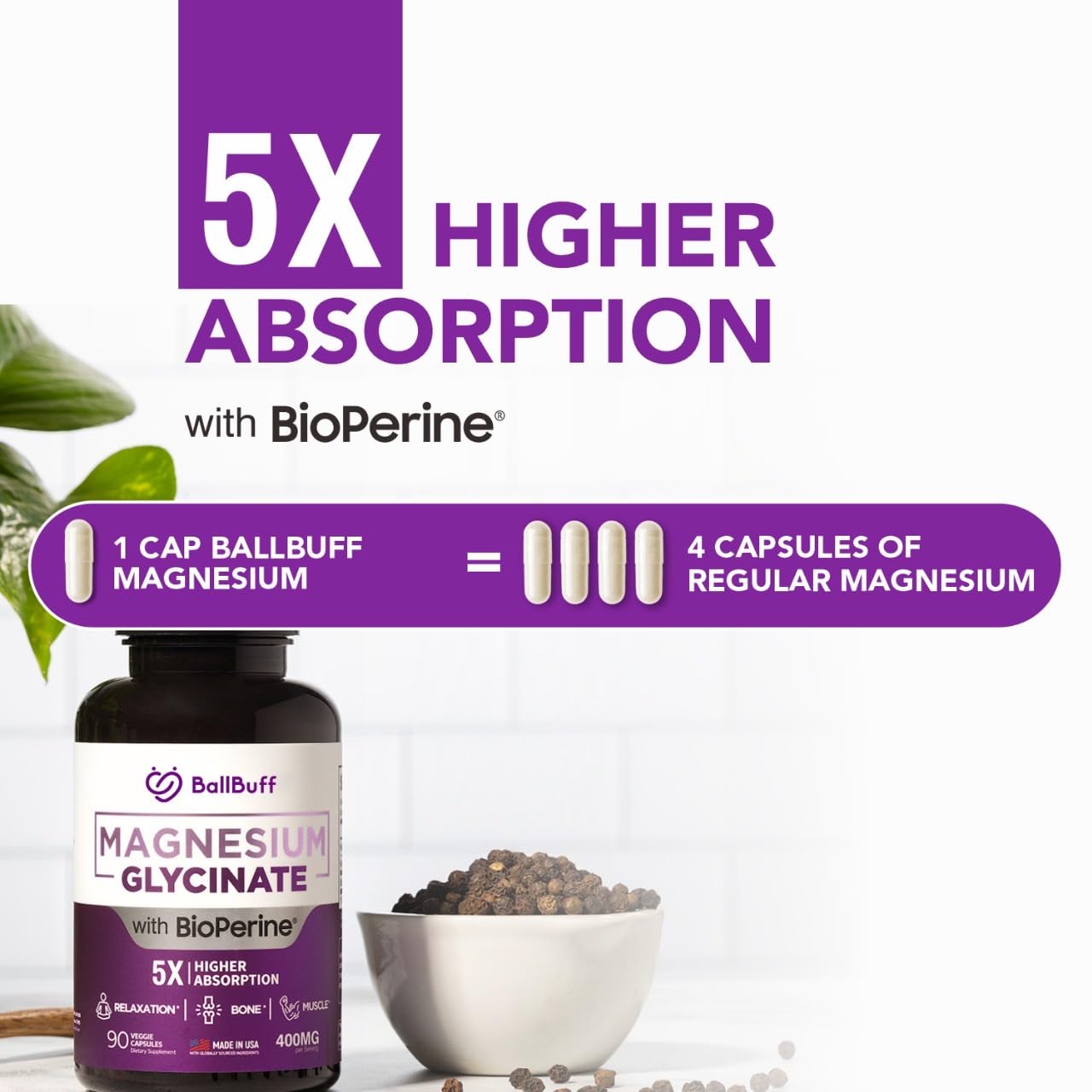 Pure Magnesium Glycinate 400mg - 5X Higher Absorption - Support Stress Relief, Sleep, Bone Health - 100% Chelated - Pure Magnesium Supplement - dailyvitalstore