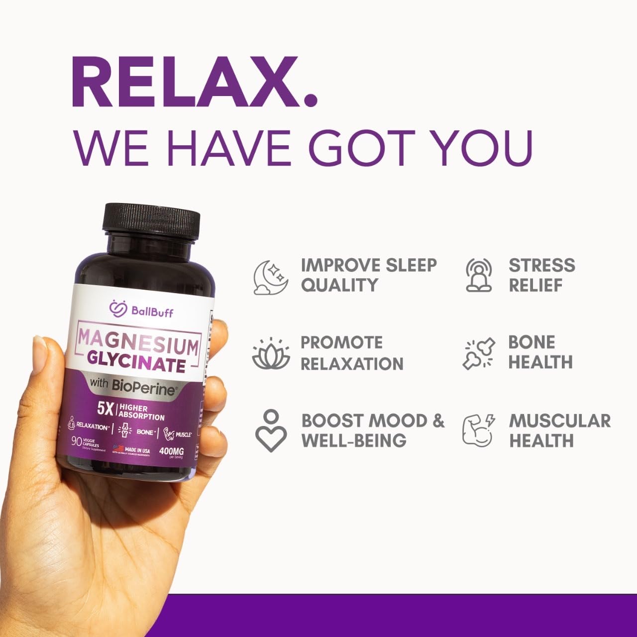 Pure Magnesium Glycinate 400mg - 5X Higher Absorption - Support Stress Relief, Sleep, Bone Health - 100% Chelated - Pure Magnesium Supplement - dailyvitalstore