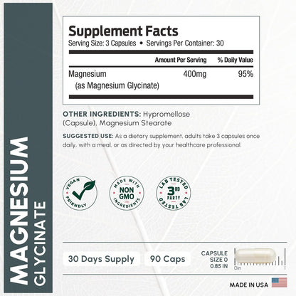 Pure Magnesium Glycinate 400mg Serving - High Absorption Magnesium Glycinate - Mag Bisglycinate for Stress, Bones, Muscles, Nerves, - dailyvitalstore