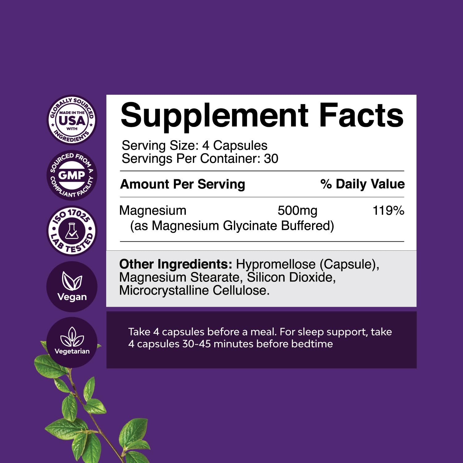 Pure Magnesium Glycinate Supplement 500mg - Magnesium for Sleep and Rest Capsules for Men & Women - Unflavored Vegan High Absorption Pills for Relaxation Support - 120 Count - dailyvitalstore