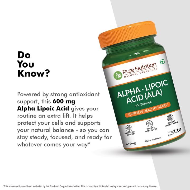 Pure Nutrition Alpha Lipoic Acid 600mg + Vitamin E | 120 Caps | Powerful Antioxidant to Support Nerve & Heart Health*. | Non-GMO - dailyvitalstore