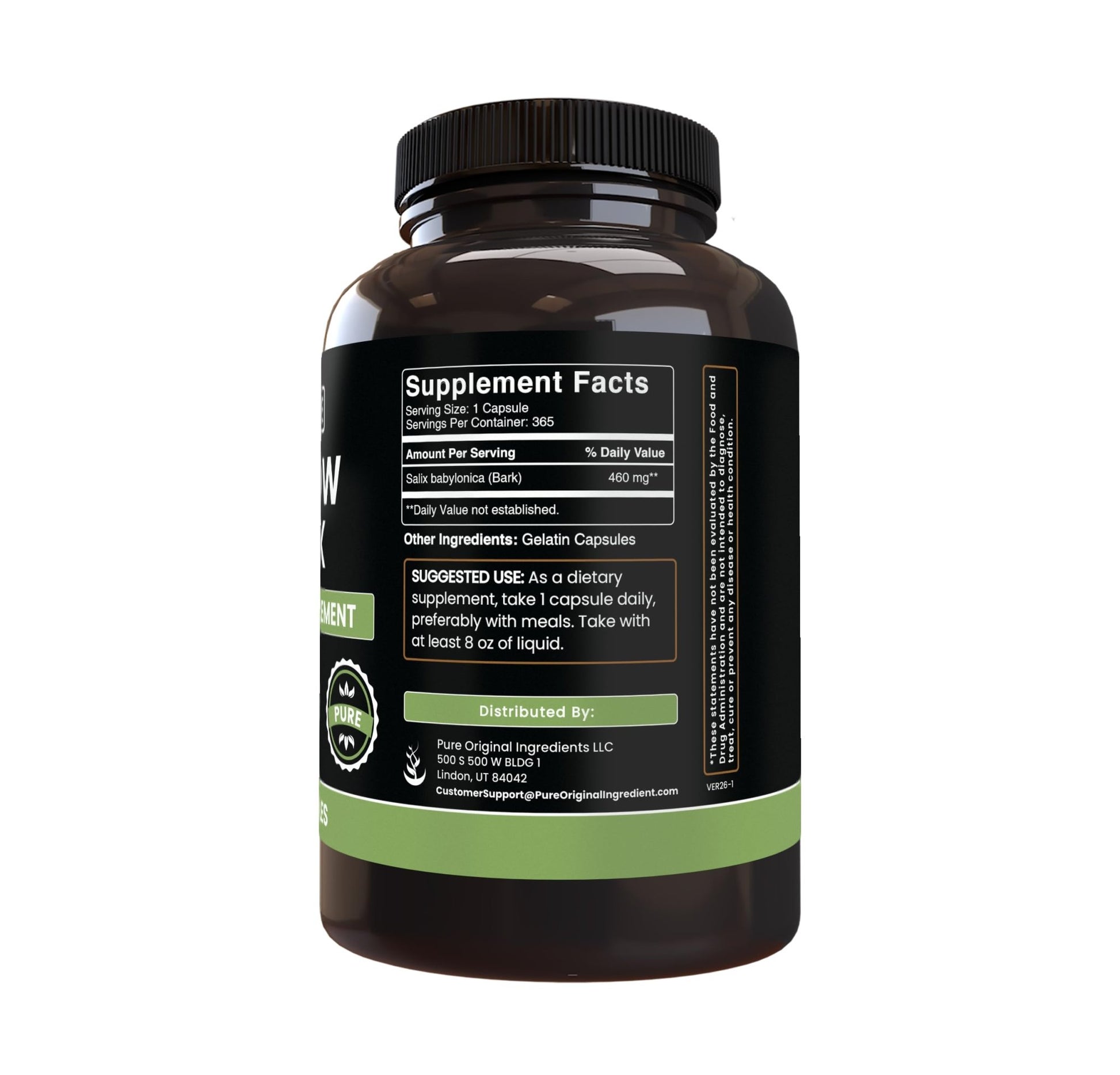 PURE ORIGINAL INGREDIENTS Willow Bark Extract (365 Capsules) No Magnesium Or Rice Fillers, Always Pure, Lab Verified - dailyvitalstore