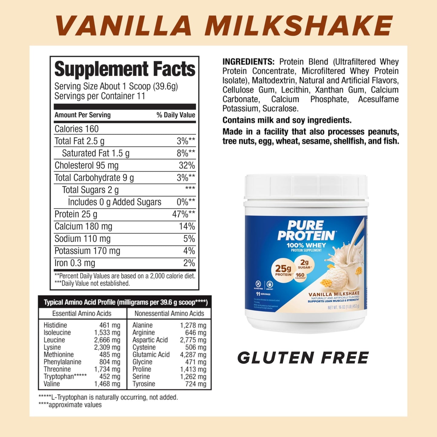 Pure Protein Powder, Whey, High Protein, Low Sugar, Gluten Free, Vanilla Cream, 1 lb - dailyvitalstore