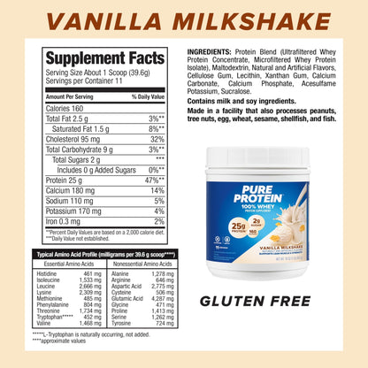 Pure Protein Powder, Whey, High Protein, Low Sugar, Gluten Free, Vanilla Cream, 1 lb - dailyvitalstore