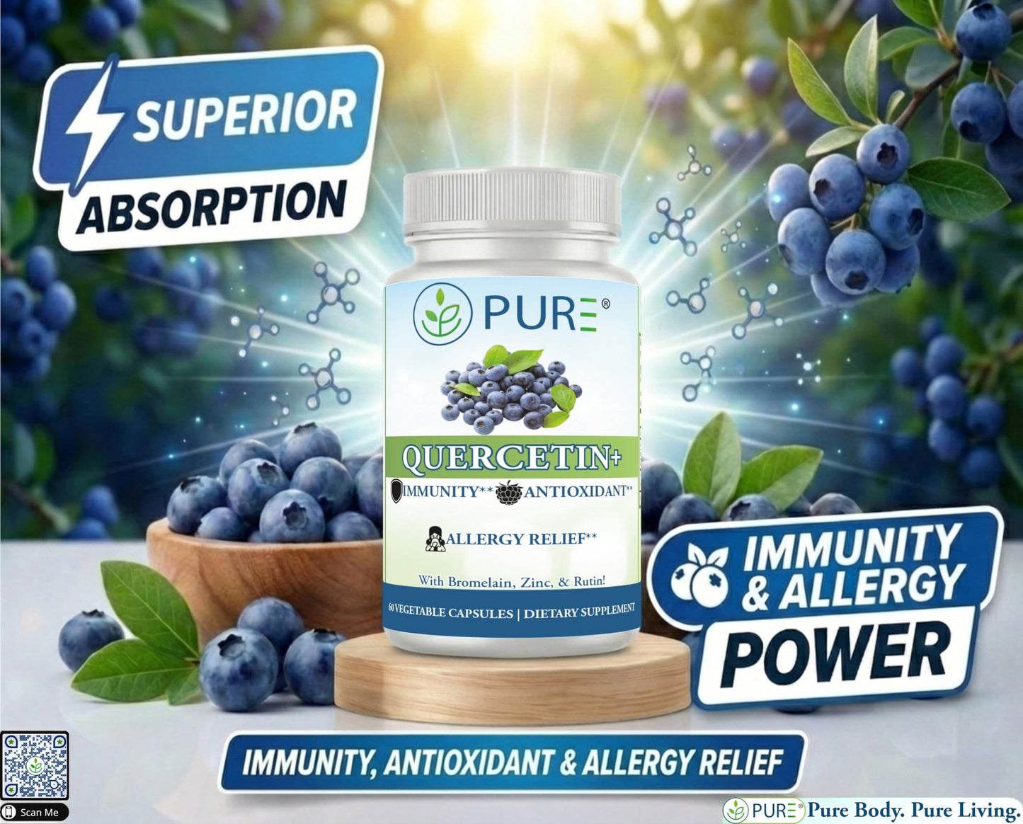 PURE® Quercetin+ with Zinc, Bromelain, Rutin Immune Shield - 60 Capsules - High Bioavailability Antioxidant Complex for Respiratory Health & Viral Defense - Made in USA - dailyvitalstore