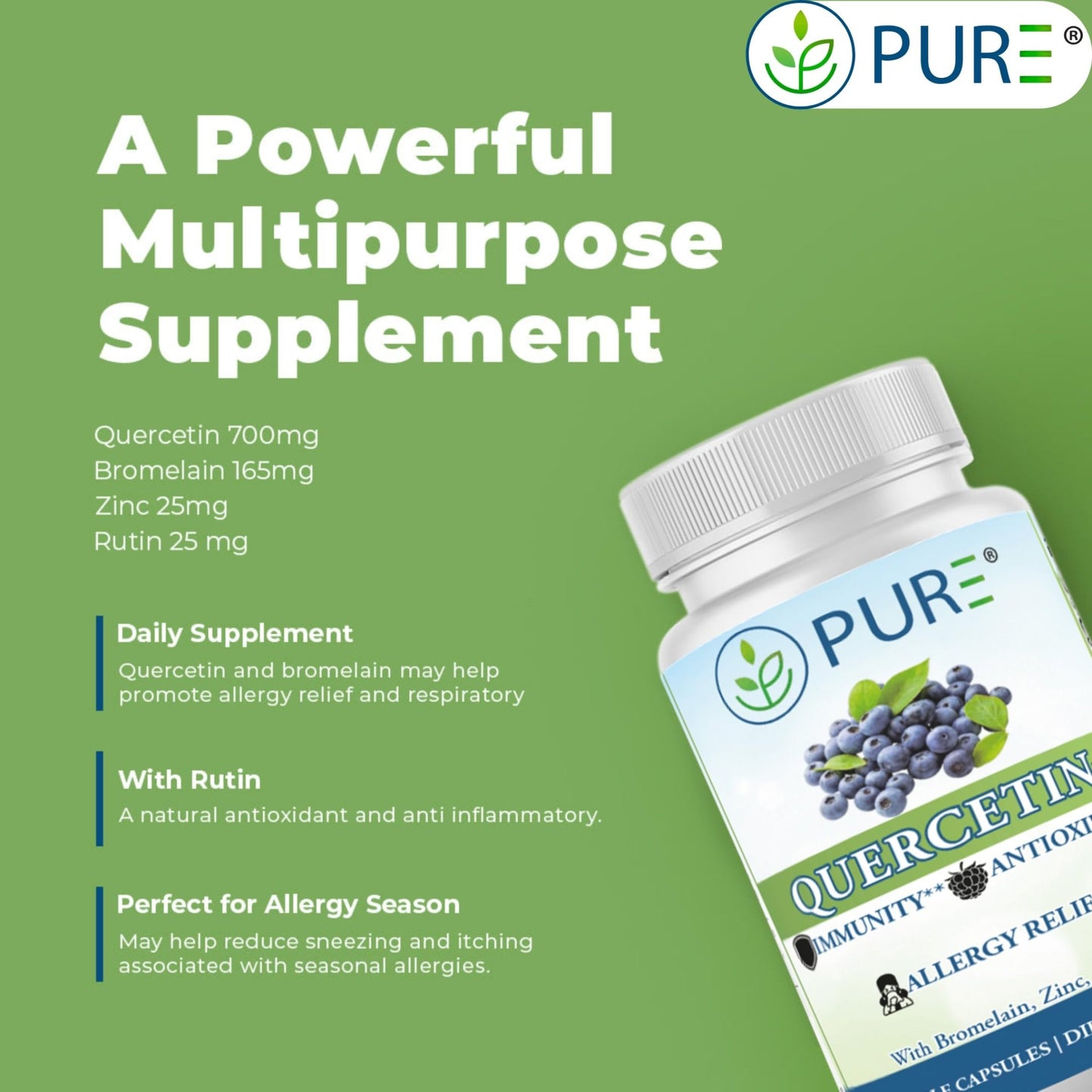 PURE® Quercetin+ with Zinc, Bromelain, Rutin Immune Shield - 60 Capsules - High Bioavailability Antioxidant Complex for Respiratory Health & Viral Defense - Made in USA - dailyvitalstore