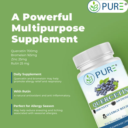 PURE® Quercetin+ with Zinc, Bromelain, Rutin Immune Shield - 60 Capsules - High Bioavailability Antioxidant Complex for Respiratory Health & Viral Defense - Made in USA - dailyvitalstore
